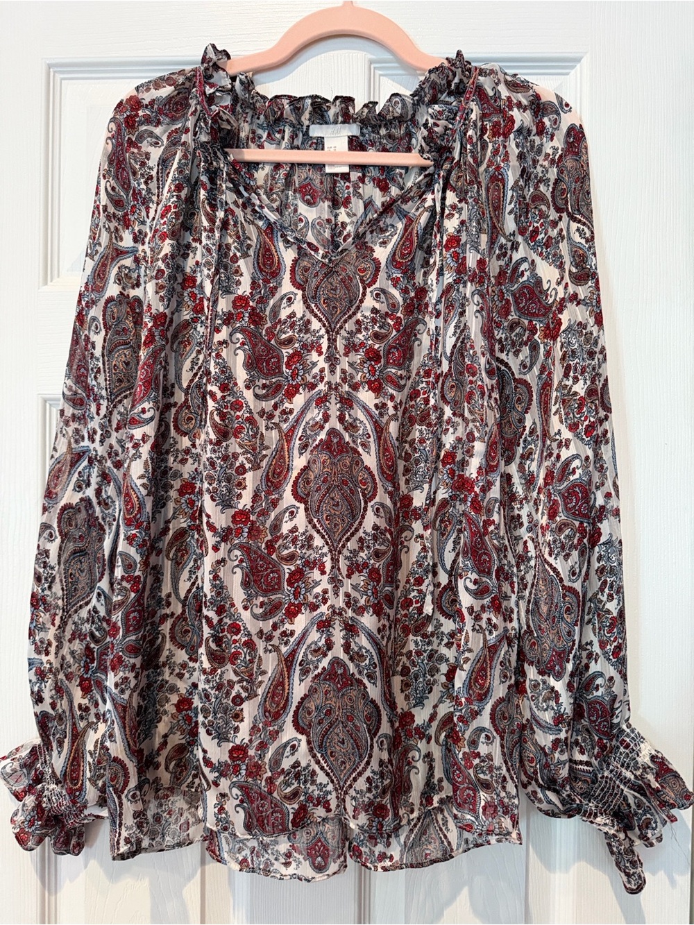 H&M Cream Paisley Blouse with Red & Black Accents